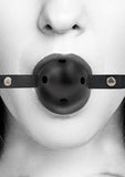 Black and white breathable ball gag with bonded leather straps