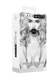 Black and white breathable ball gag with nipple clamps