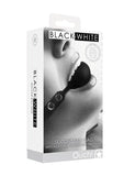 Black and white silicone ball gag with adjustable bonded leather straps