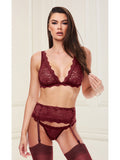 Lace bra,garter skirt & g string set wine 3192