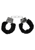 Black and white pleasure furry wrist cuffs with quick release button